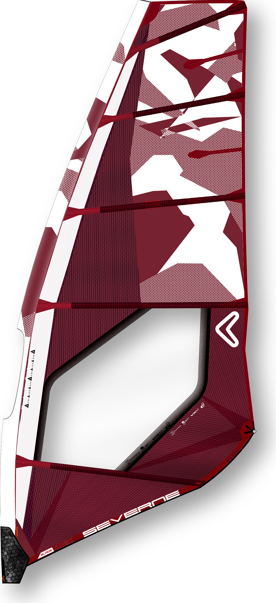 Severne 2027 Blade Pro Windsegel in Bordeaux-Rot und Weiß, Frontalansicht mit geometrischem Design