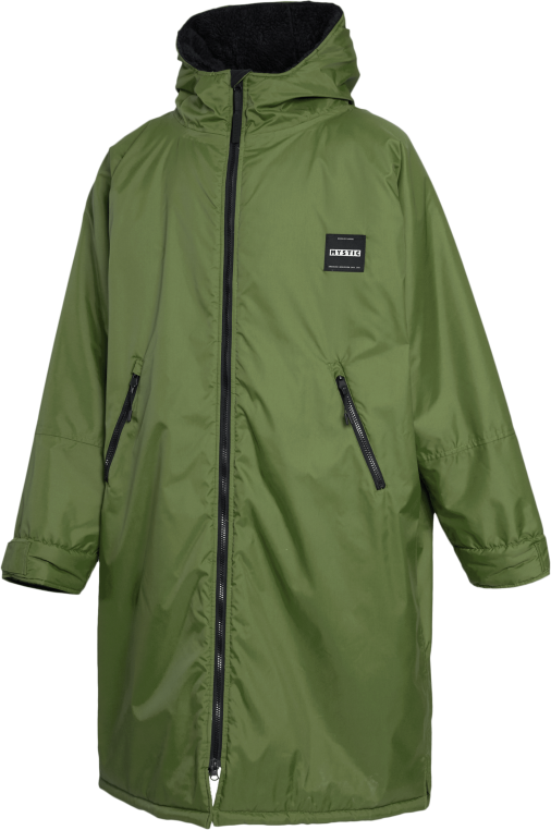 Mystic Poncho Explore Regenjacke in Olivgrün mit schwarzem Kragen, Reißverschluss und Logo-Patch, Frontansicht