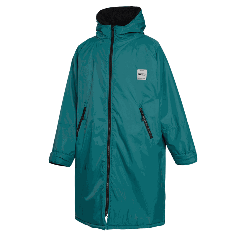Mystic Poncho Explore Regenjacke in Petrol mit schwarzer Kapuze, Reißverschluss und Logo-Label, Frontansicht