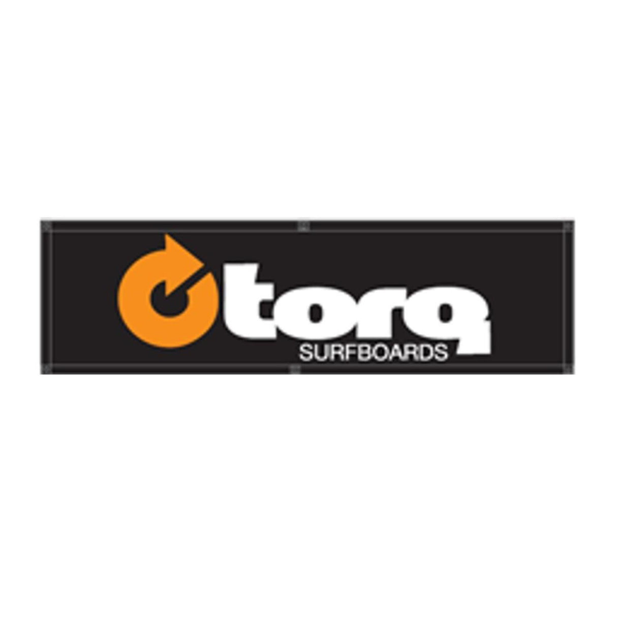 Torq Surfboards Werbebanner mit orangem Logo und weißer Schrift auf schwarzem Hintergrund