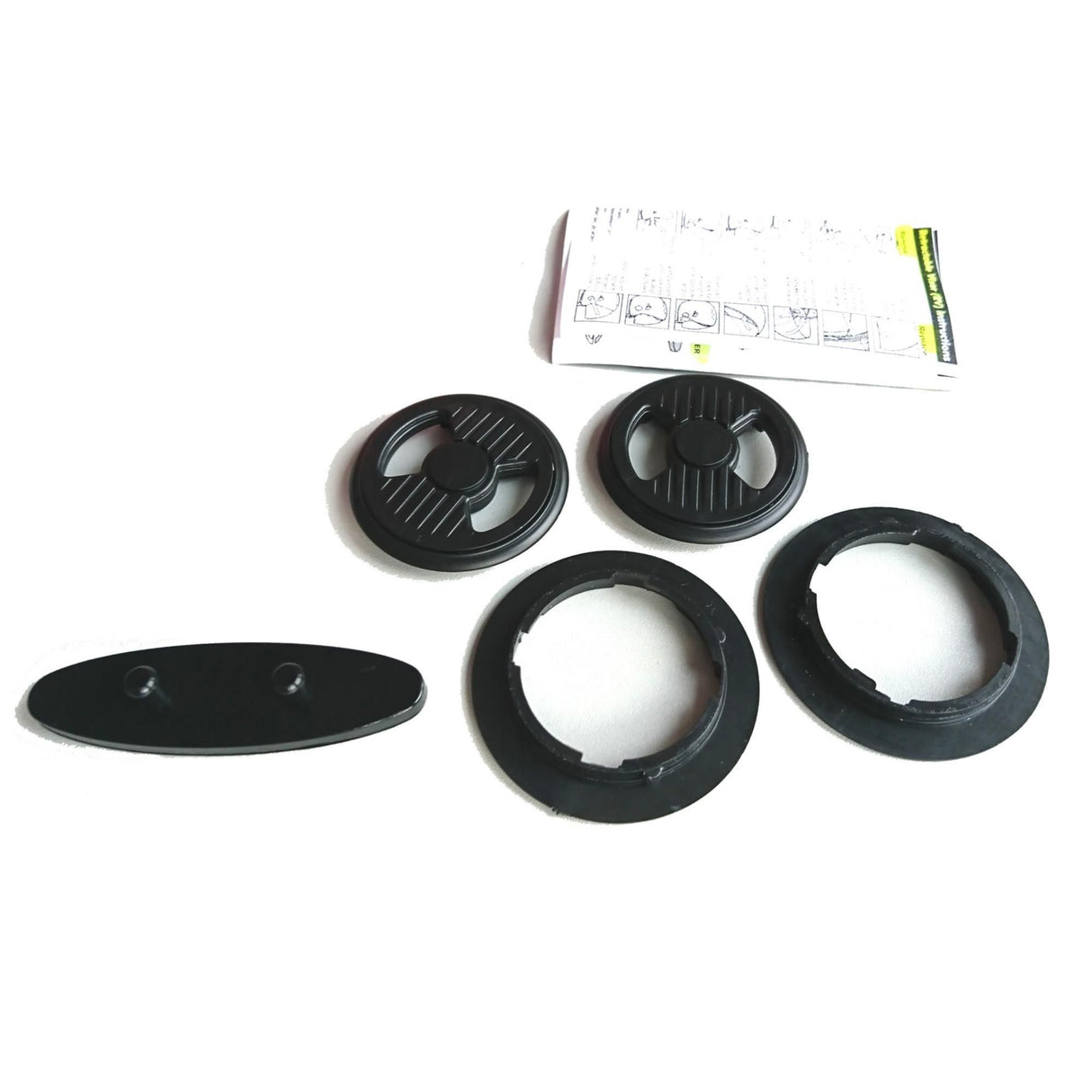 Gath Audio Vent Set für Helme, schwarze Kunststoffkomponenten mit Belüftungsgittern und Schaumstoffen, Draufsicht mit Anleitung