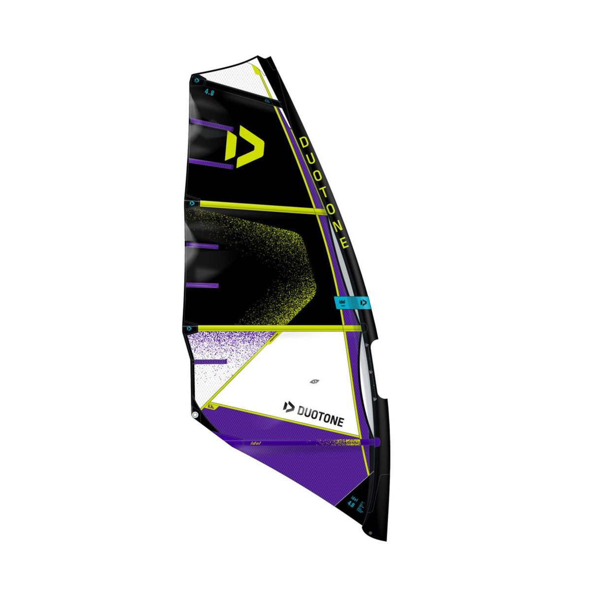 Duotone Sail Idol 2027 Windsegel mit schwarzem, gelbem und violettem Design, Seitenansicht