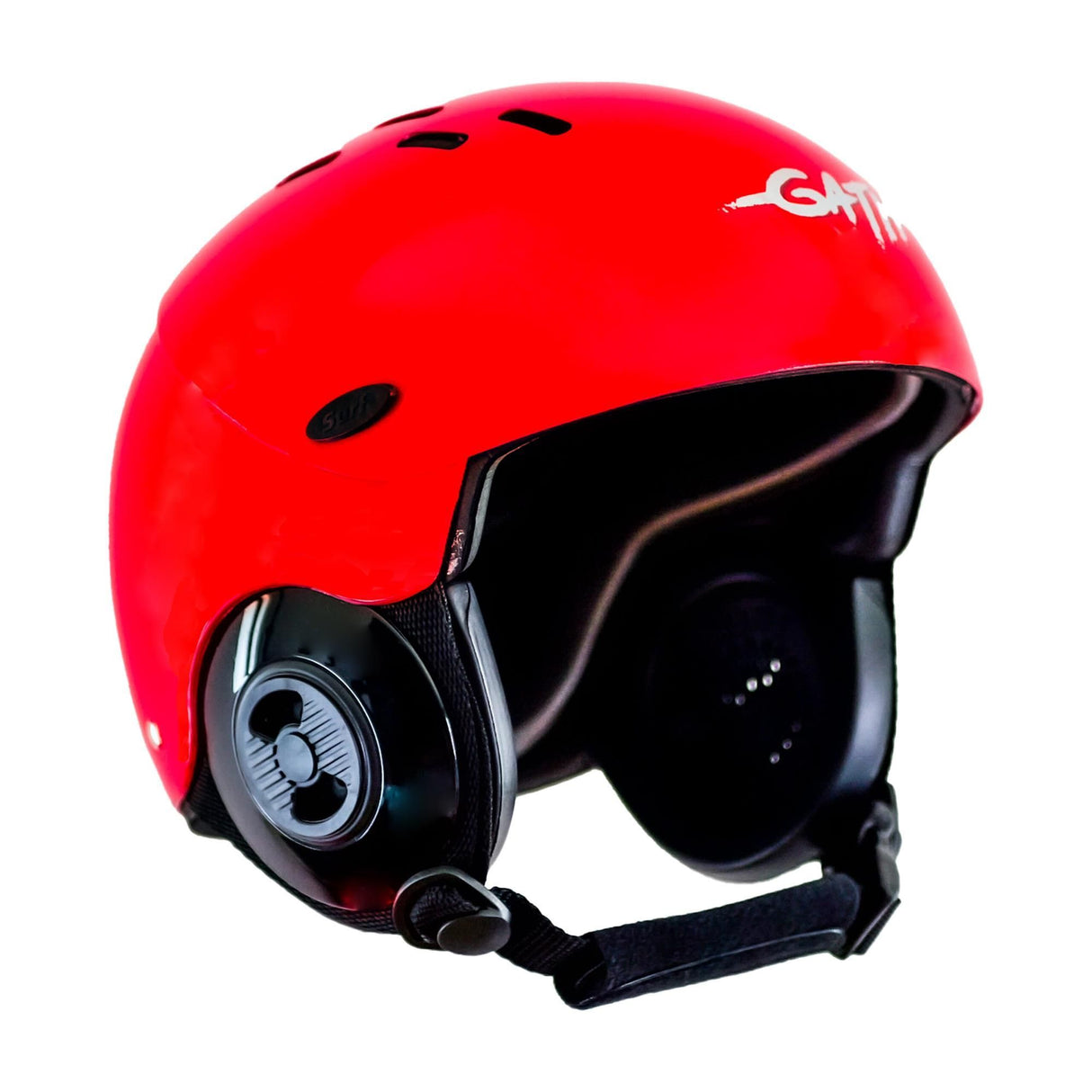 GATH Wassersport Helm GEDI rot mit Belüftungslöchern und Kinnriemen, Seitenansicht