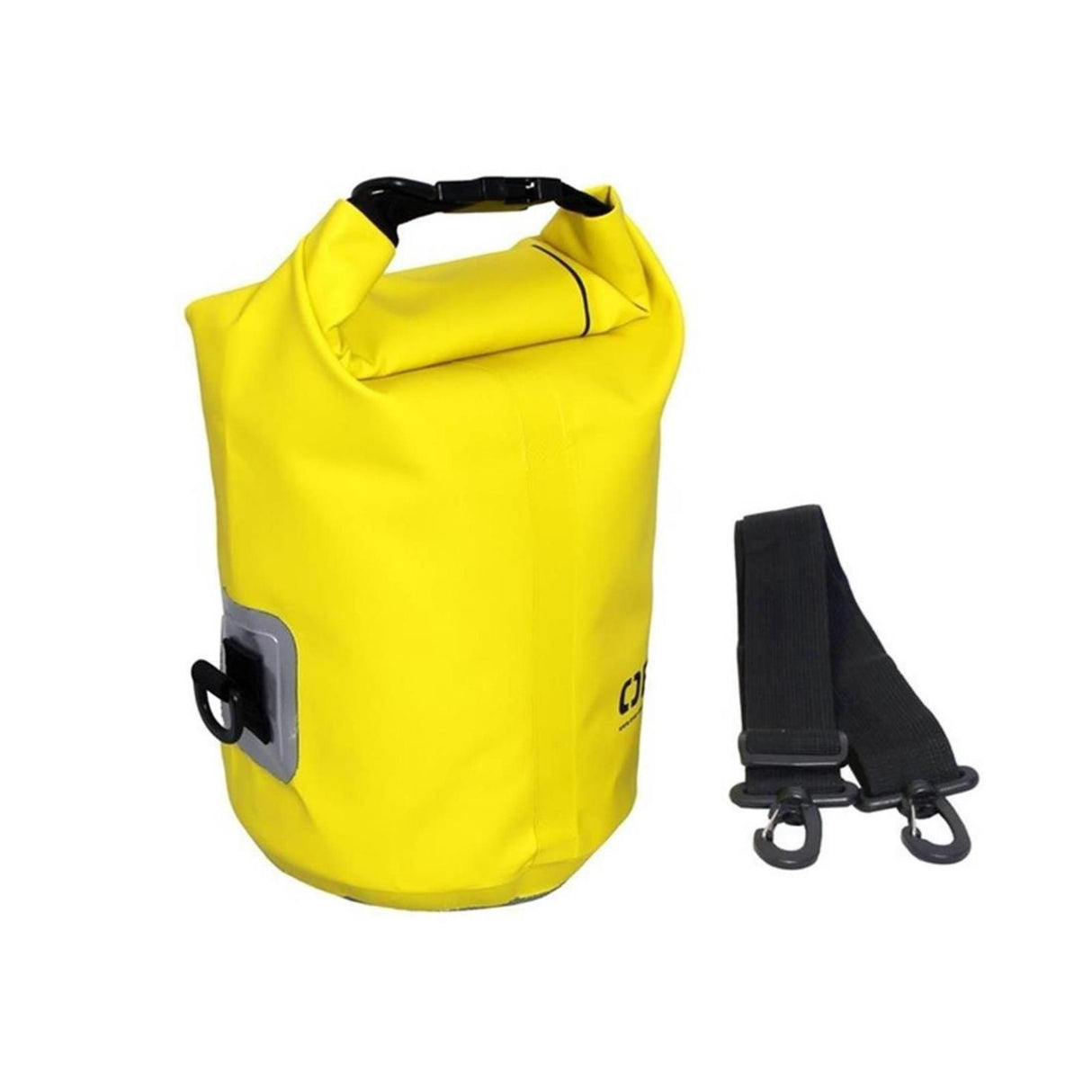 OverBoard wasserdichter Packsack 5 Liter gelb mit schwarzem Tragegurt und Verschlussriegel, Frontalansicht