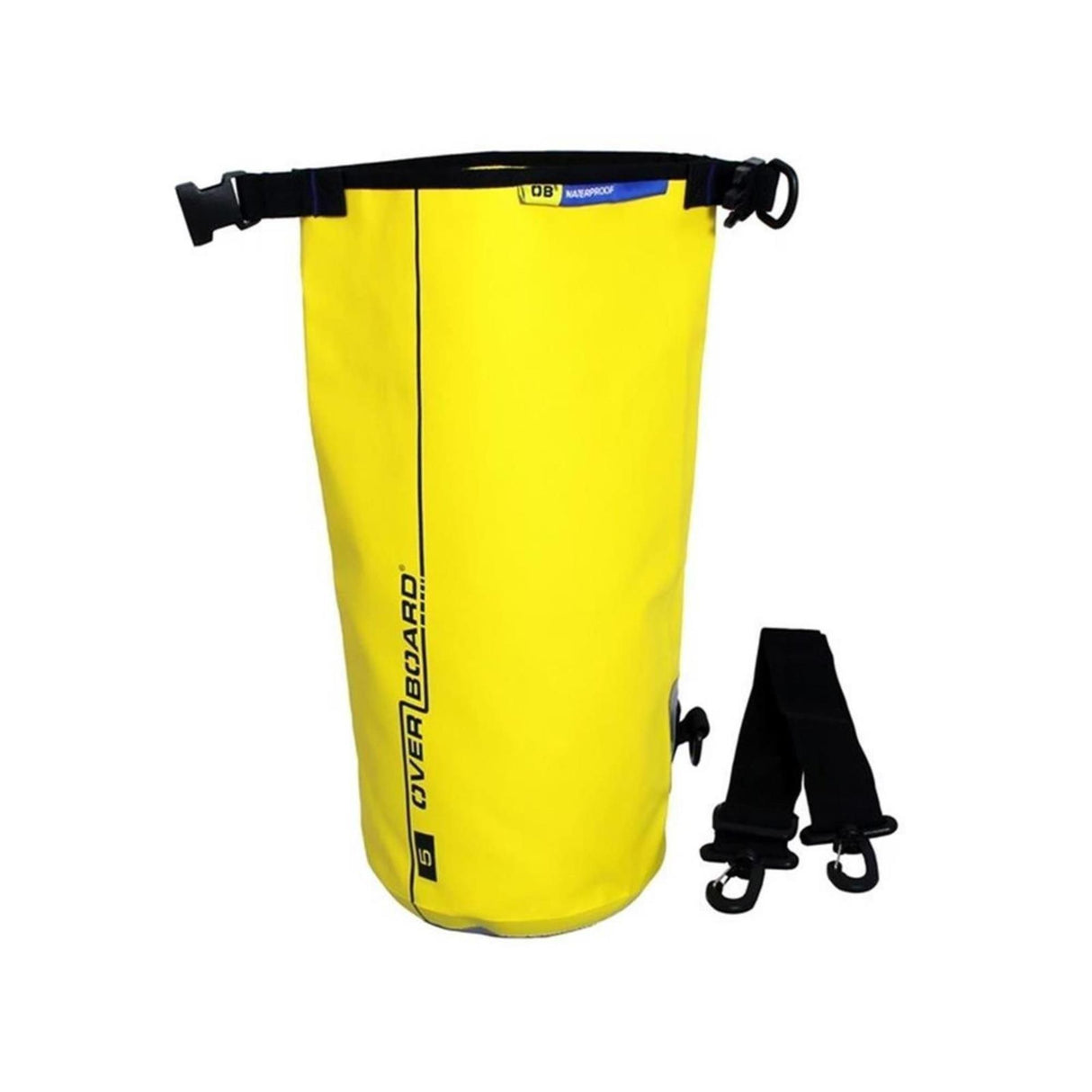 OverBoard wasserdichter Packsack 5 Liter in Gelb mit schwarzem Verschlussgurt und Tragegriffen, Frontansicht