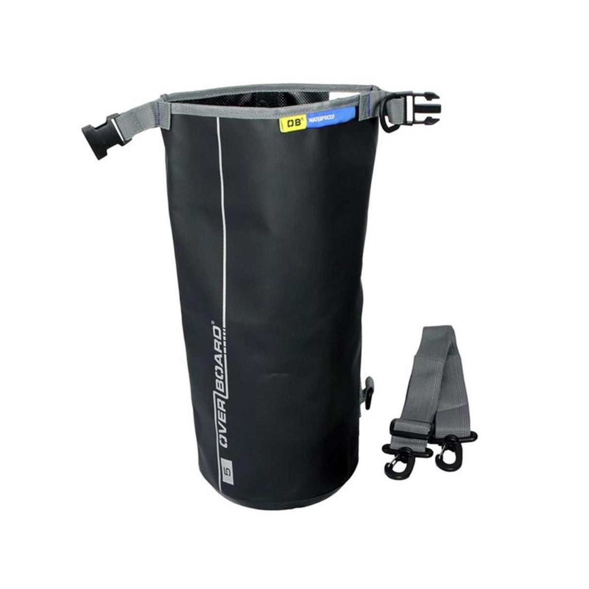OverBoard wasserdichter Packsack 5L schwarz mit Schultergurt und Verschlussclip, Frontalansicht