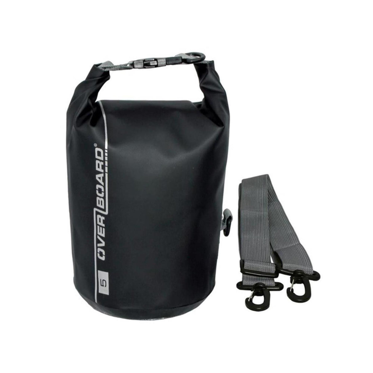 OverBoard wasserdichter Packsack 5L schwarz mit Rollverschluss und abnehmbarem Schultergurt, Frontansicht