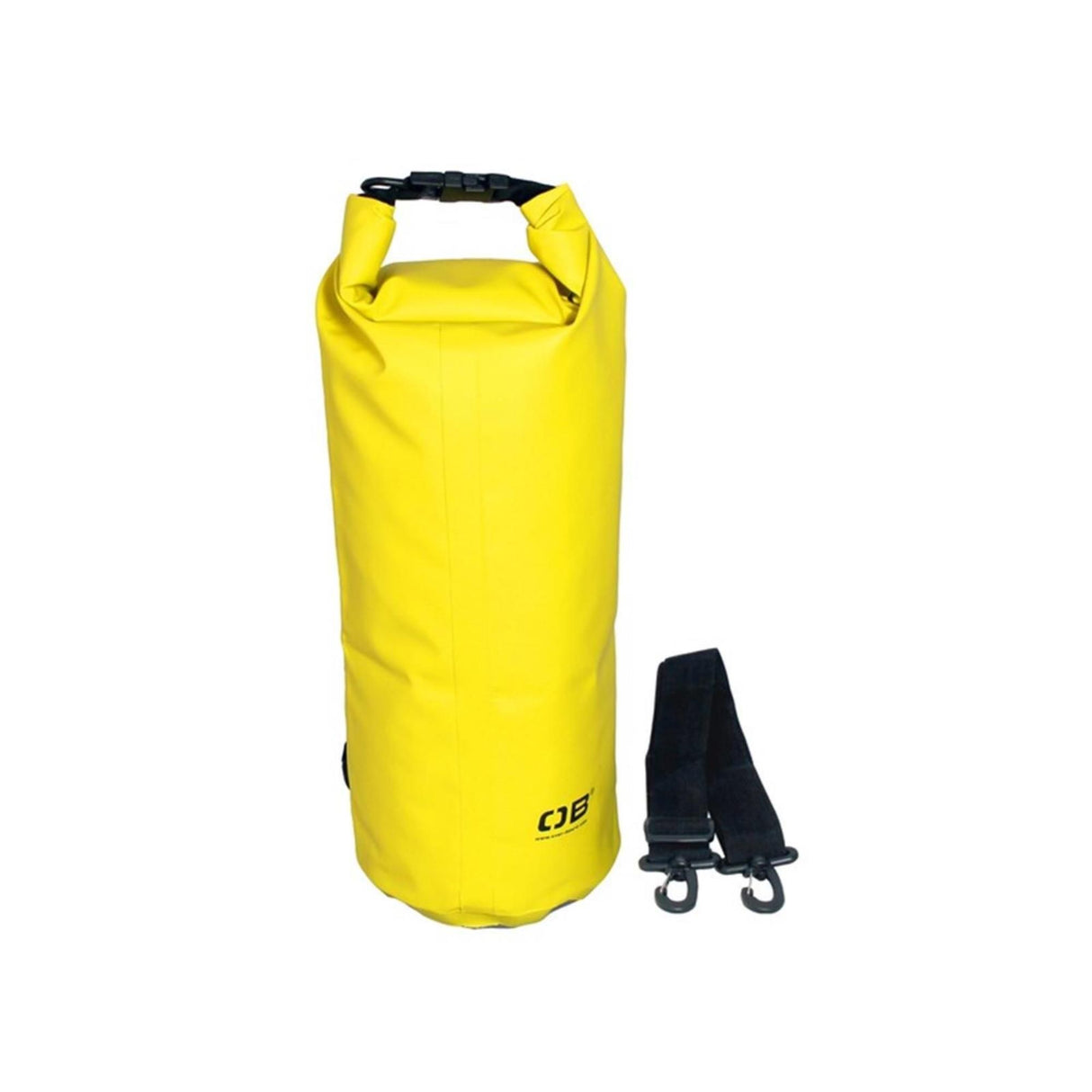 OverBoard wasserdichter Packsack 12 Liter in Gelb mit schwarzen Griffen und Tragegurt, Frontansicht