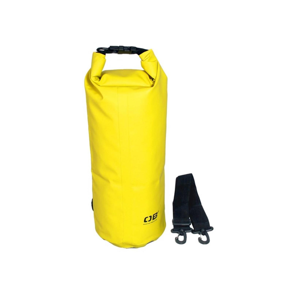 OverBoard wasserdichter Packsack 12 Liter in Gelb mit schwarzen Griffen und Tragegurt, Frontansicht