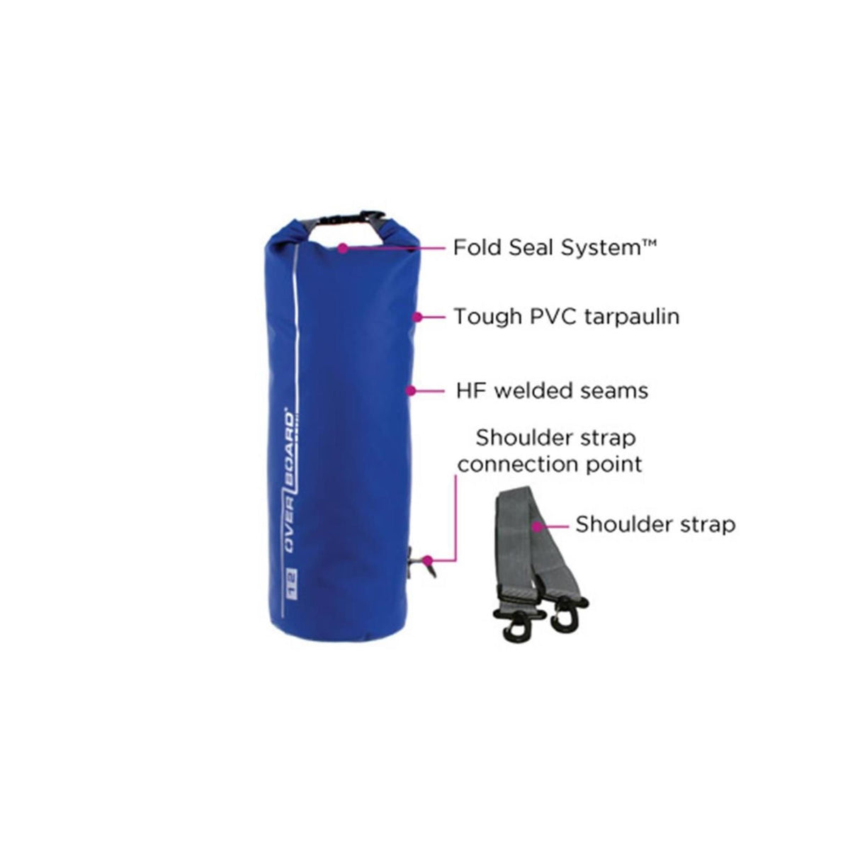 OverBoard wasserdichter Packsack 12L, blau, mit Fold Seal System, PVC-Material, HF-verschweißte Nähte und Schultergurt