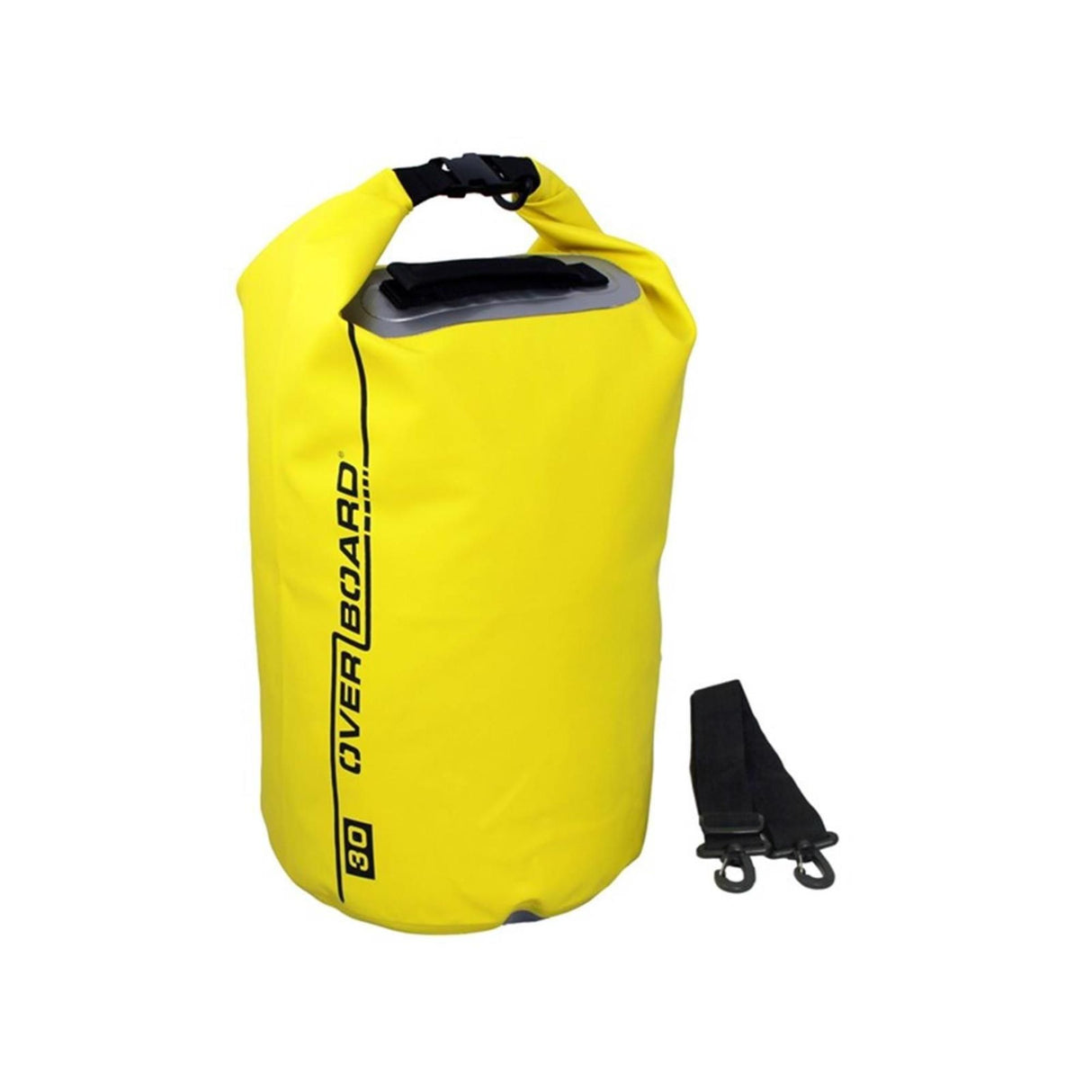 OverBoard wasserdichter Packsack 30 Liter in Neongelb mit Rollverschluss und schwarzen Tragegriffen, Frontansicht