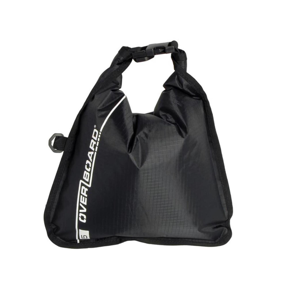 OverBoard wasserdichte Tasche 5 Liter in Schwarz mit Rollverschluss und Tragegriffen, Frontalansicht