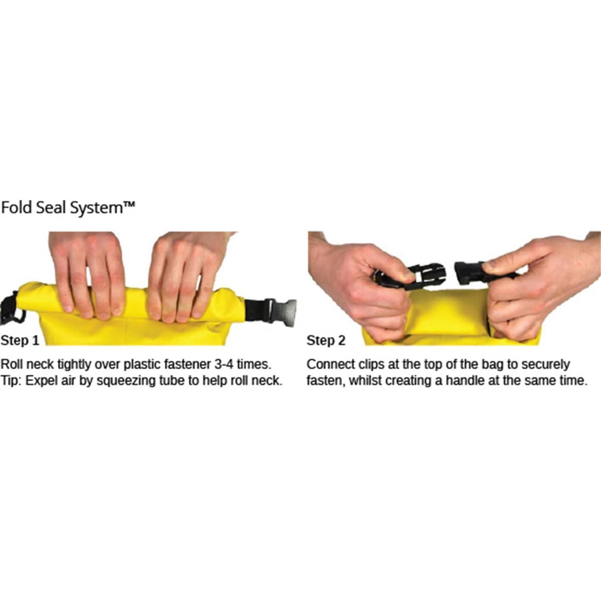 OverBoard wasserdichte Tasche 30L gelb, Fold Seal System mit Verschlussbändern, Anleitung zur Bedienung