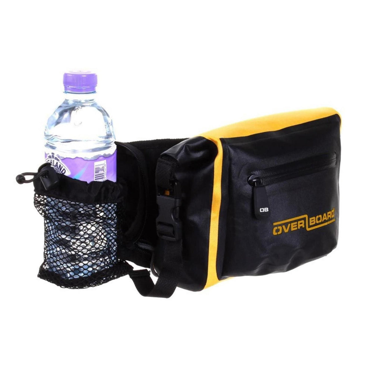 OverBoard wasserdichte Hüfttasche schwarz-gelb mit Netztasche und Wasserflasche, Frontansicht