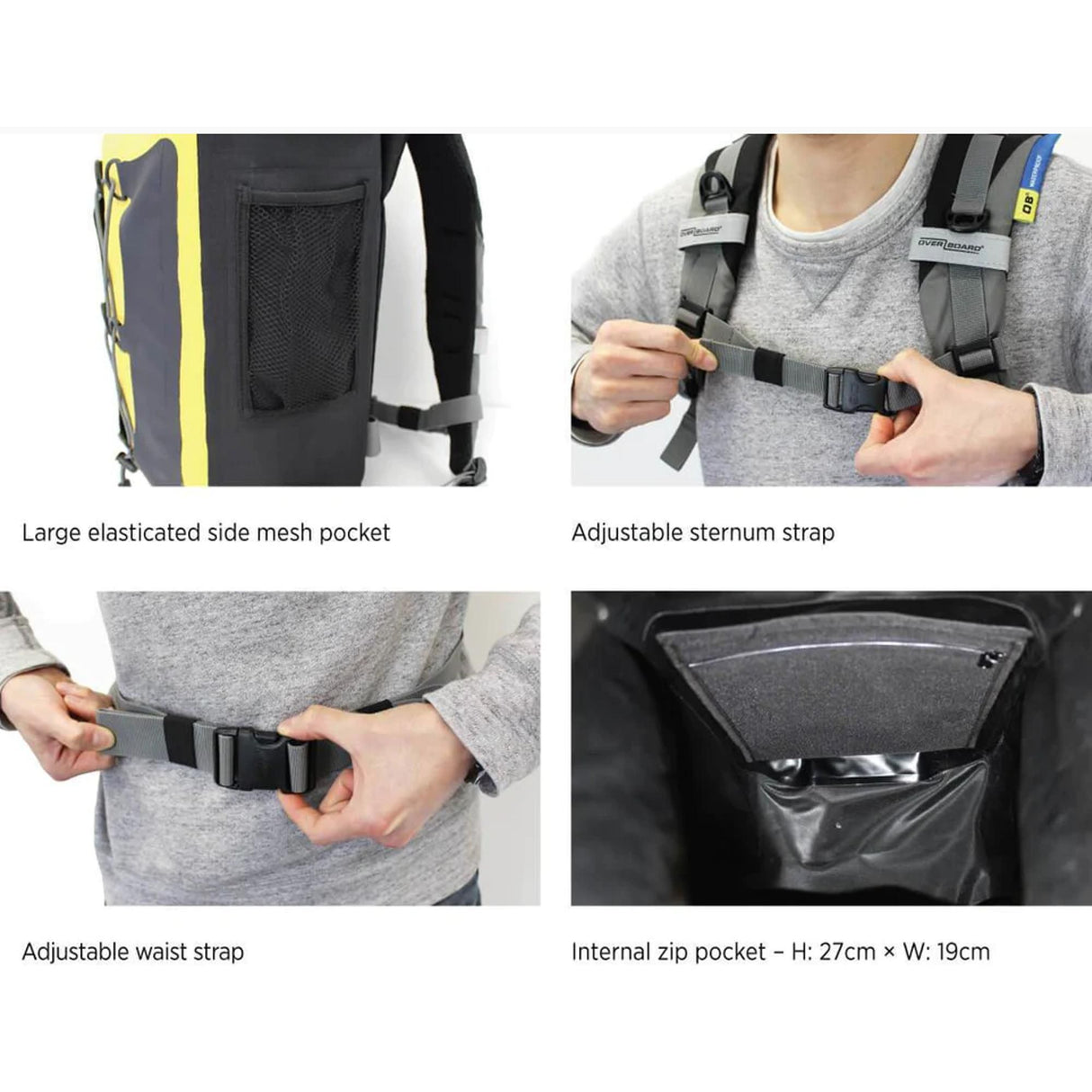 OverBoard Classic 20L wasserdichter Rucksack schwarz-gelb mit Seitentasche, Schultergurt und Hüftgurt