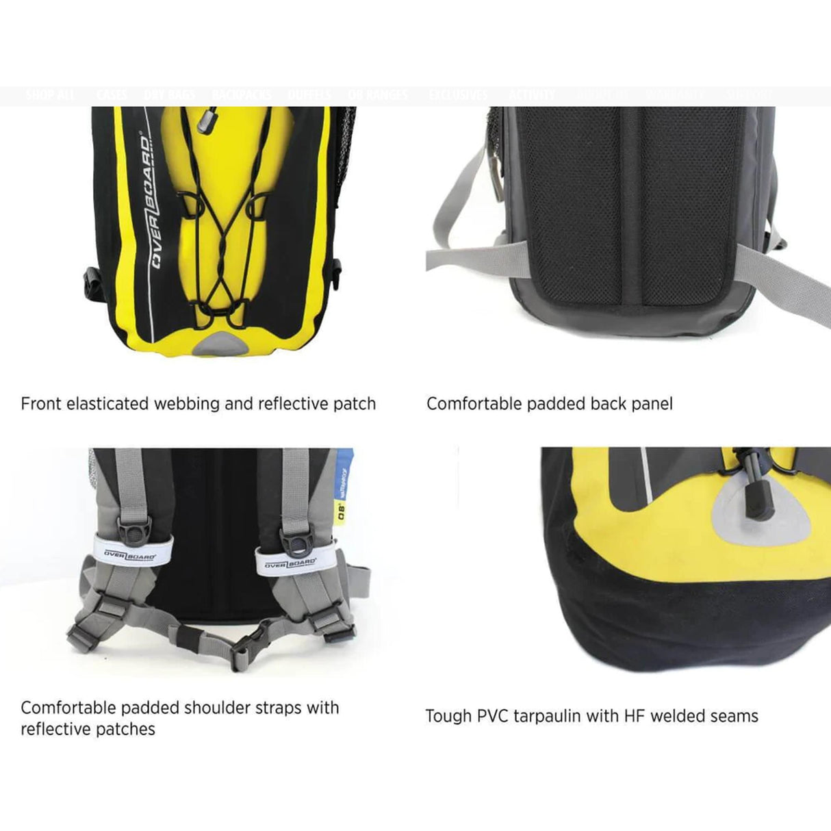 OverBoard wasserdichter Rucksack Classic 20L, Gelb-Schwarz, elastische Riemen, gepolsterte Rückseite und Schultergurte