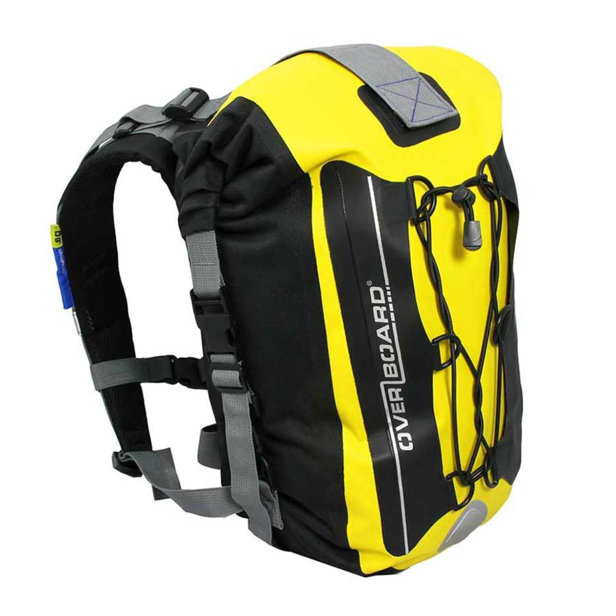OverBoard Classic 20L wasserdichter Rucksack in Gelb-Schwarz mit gepolsterten Schultergurten, Seitenansicht