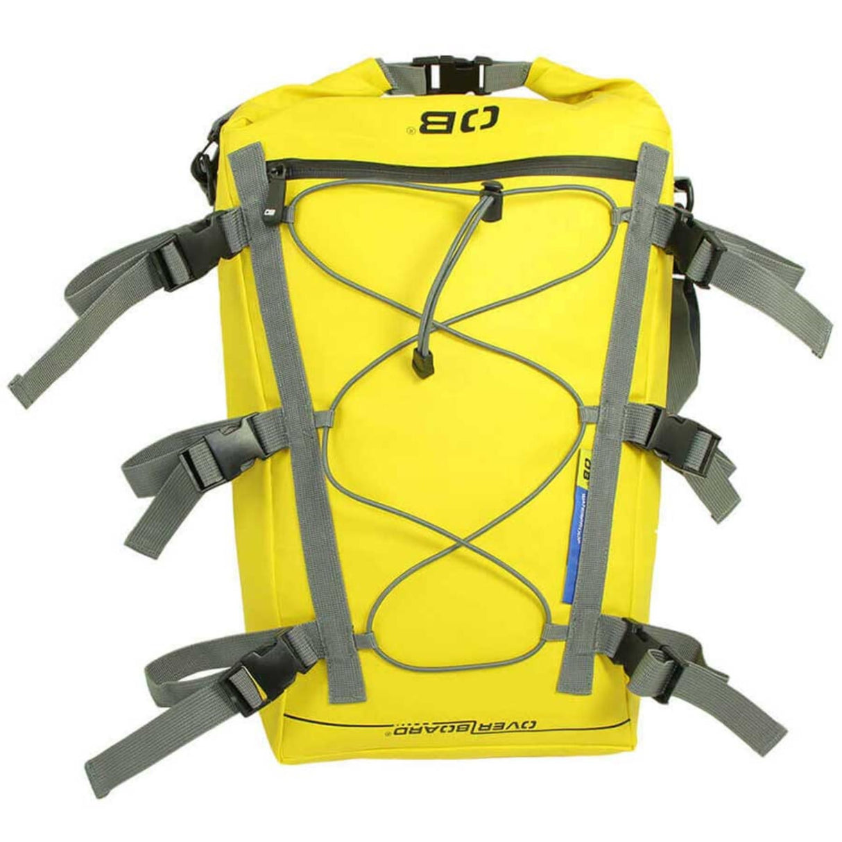 OverBoard wasserdichte SUP Kajak Tasche in Gelb mit grauer Schnürung, Frontansicht, mit verstellbaren Trägern und Befestigungsgurten