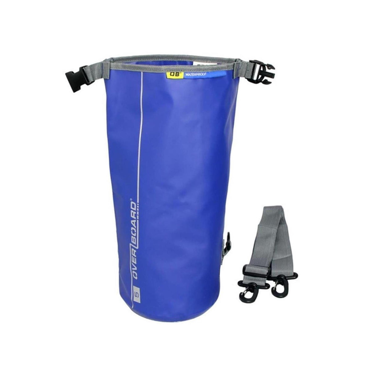 OverBoard wasserdichter Packsack 5 Liter in Blau mit Schultergurten und grauem Trageriemen, Frontansicht