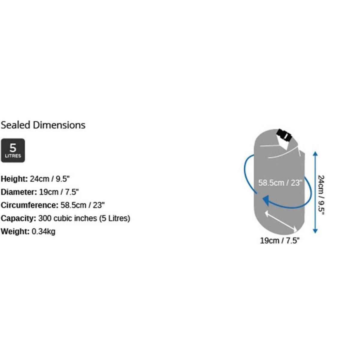 OverBoard wasserdichter Packsack 5 Liter grau mit Rollverschluss und Dimensionsangaben
