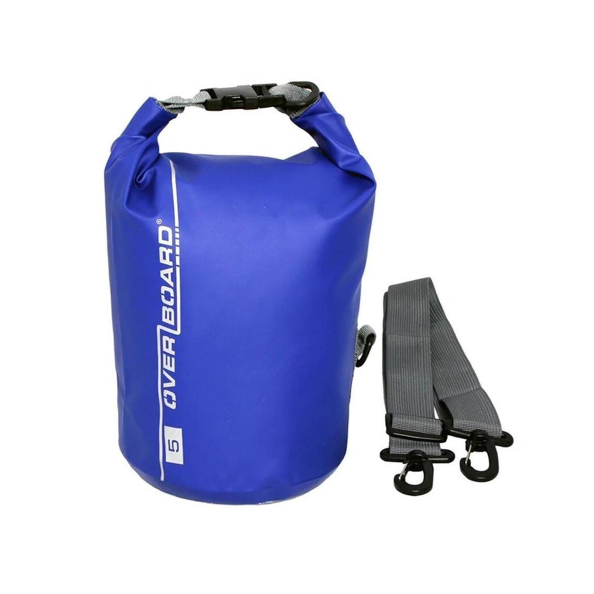 OverBoard wasserdichter Packsack 5 Liter in Blau mit schwarzem Verschluss und grauem Schultergurt