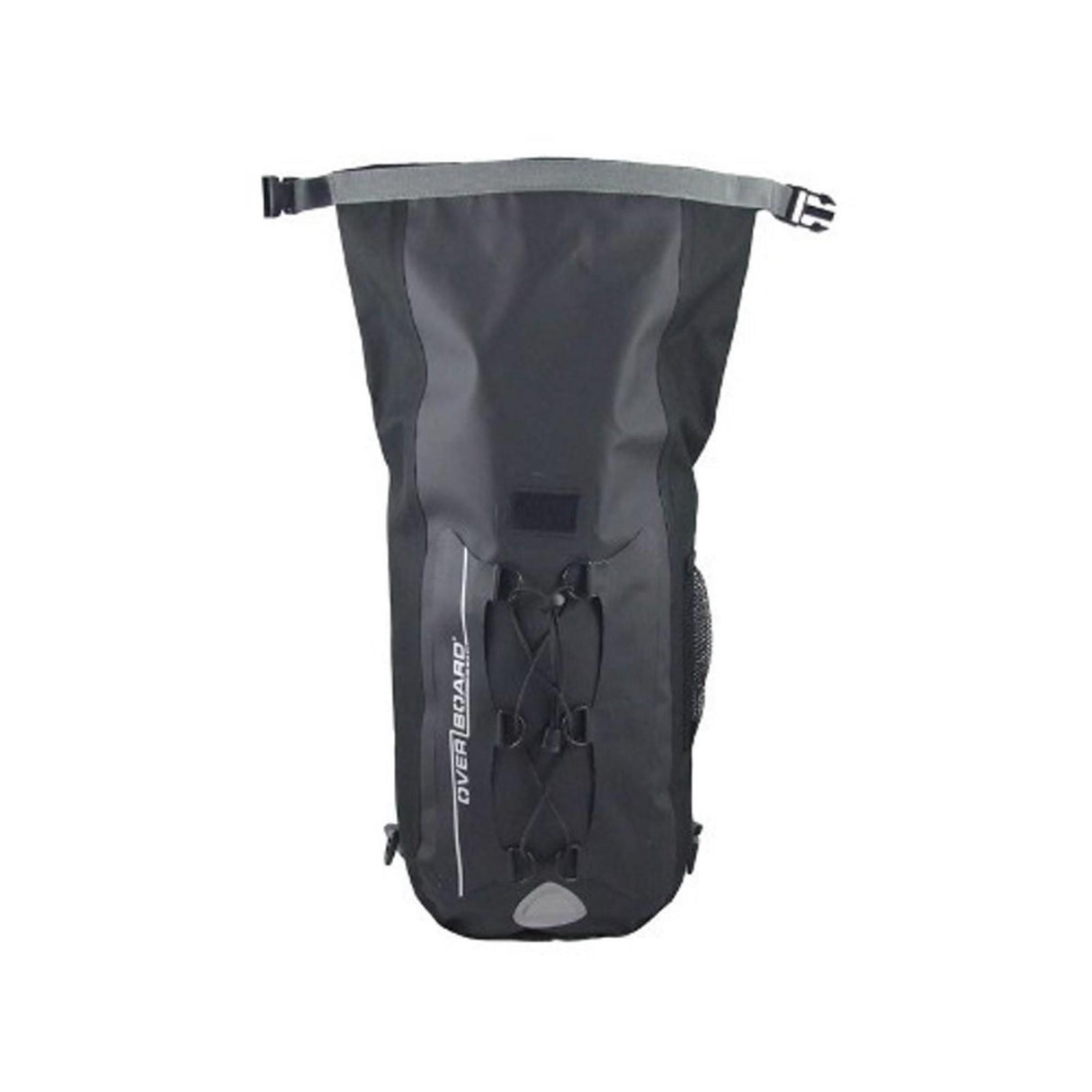 OverBoard wasserdichter Rucksack Classic 20L in Schwarz, Frontansicht mit Schultergurten und Verschlussschnüren