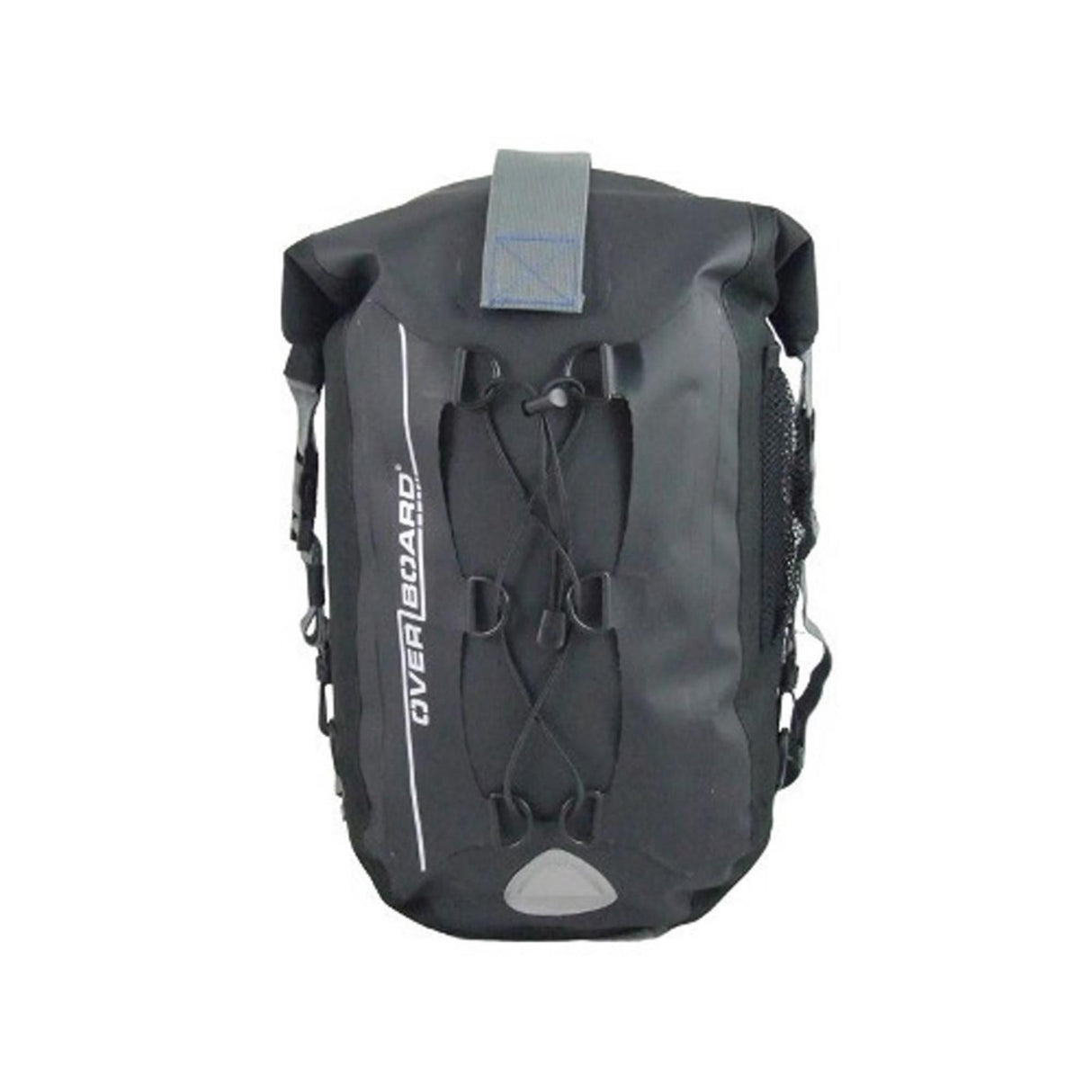 OverBoard Classic 20L wasserdichter Rucksack schwarz, Frontansicht mit Tragegurten und Verschlussdetails