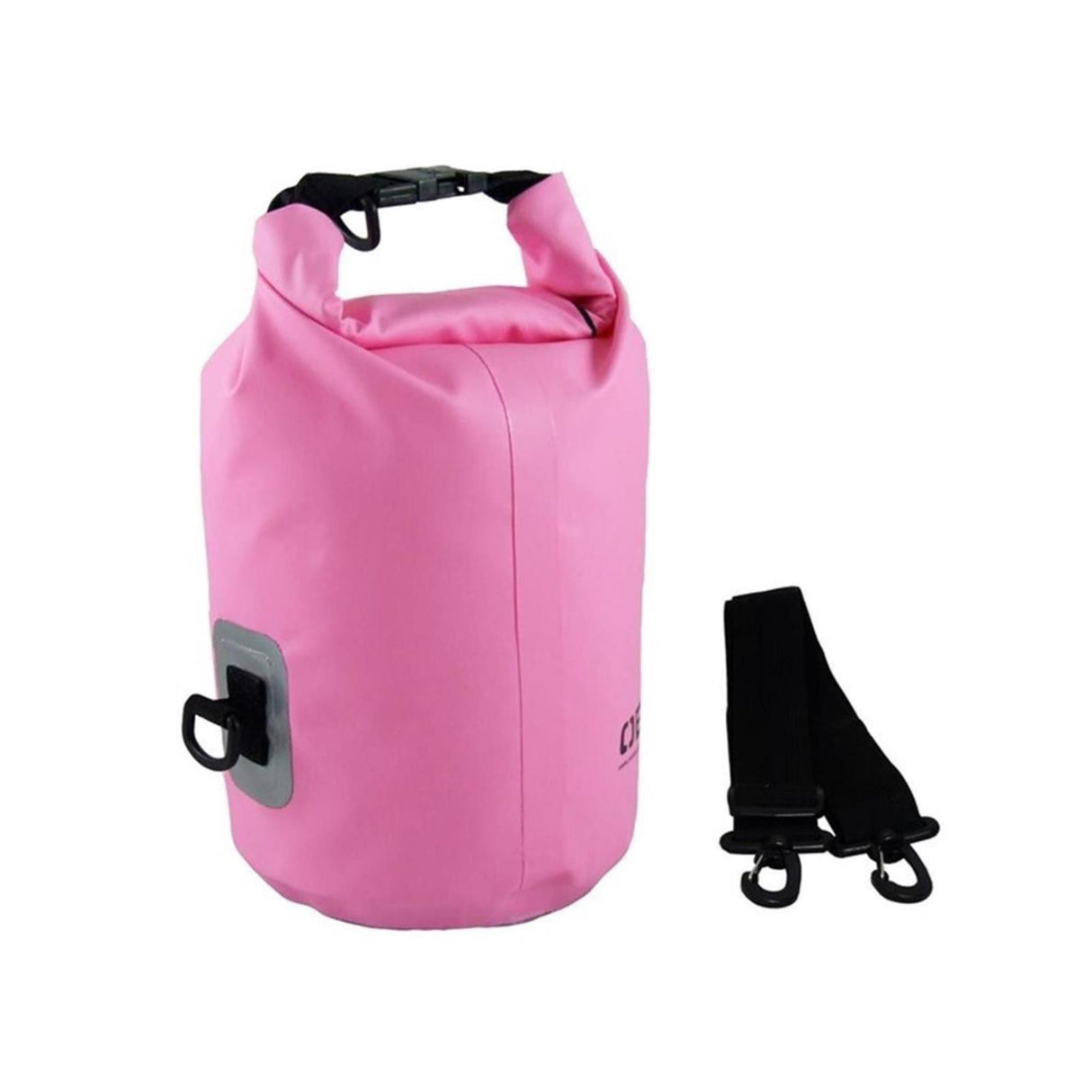OverBoard wasserdichter Packsack 5 Liter in Pink mit schwarzen Griffen und Verschluss, Frontalansicht