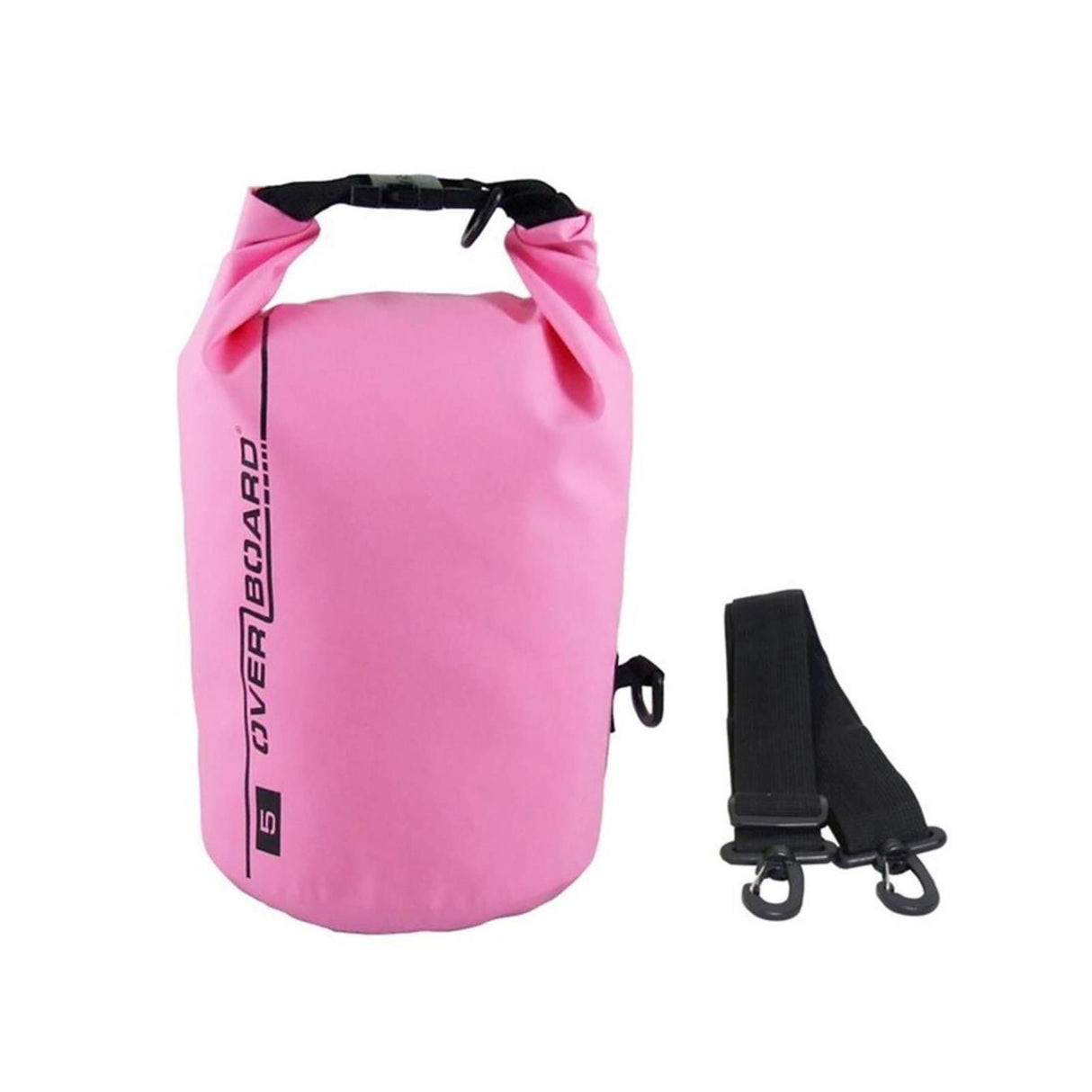 OverBoard wasserdichter Packsack 5 Liter in Pink mit schwarzen Tragegriffen und Schultergurt, Frontansicht