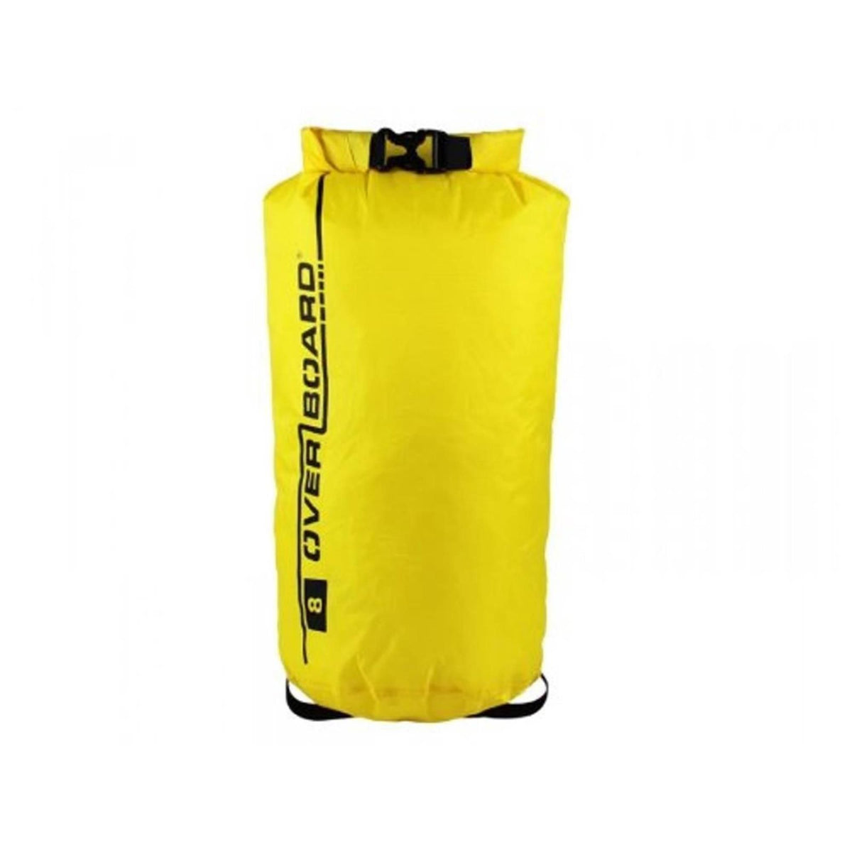 OverBoard wasserdichter Packsack in Gelb mit schwarzem Verschlussriegel, frontal fotografiert