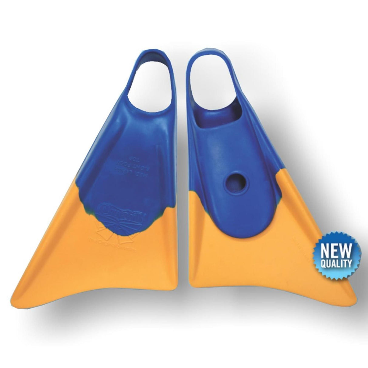 Churchill Makapuu Bodyboard-Flossen blau-orange, Frontalansicht, Gummi mit ergonomischem Design
