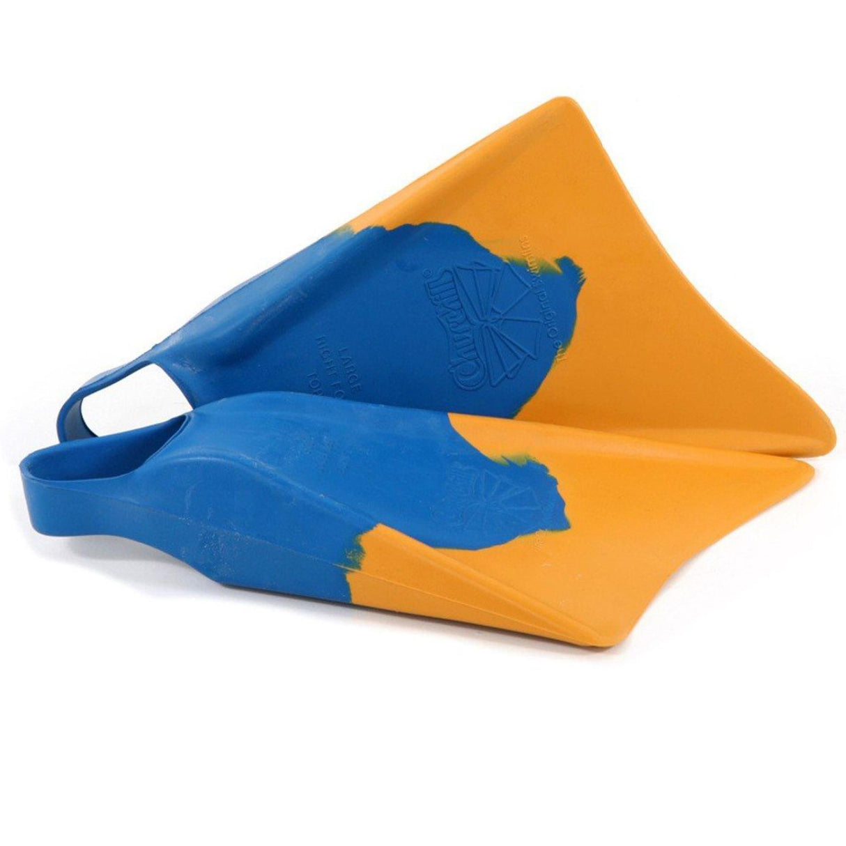 Churchill Makapuu Bodyboard-Flossen in Blau und Orange, Gummi-Material, seitliche Ansicht