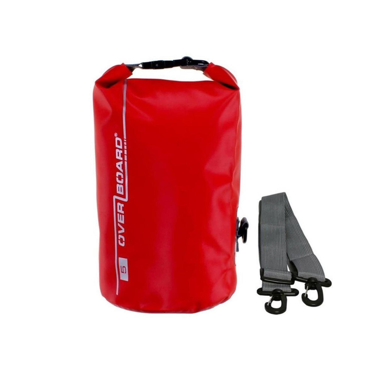 OverBoard wasserdichter Packsack 5L rot mit schwarzem Schultergurt, Frontalansicht