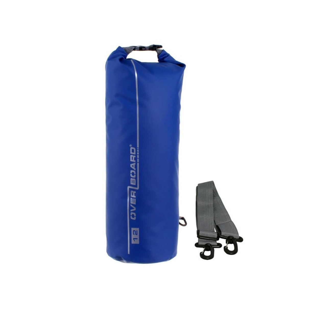 OverBoard wasserdichter Packsack 12 Liter in Blau mit Rollverschluss und schwarzem Schultergurt, Frontansicht