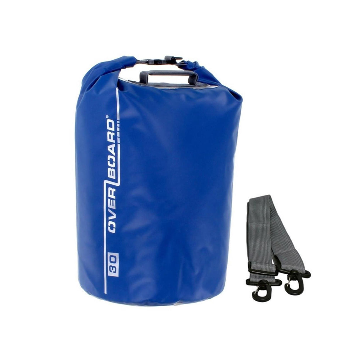 OverBoard wasserdichter Packsack 30 Liter blau mit Tragegurt, Frontansicht