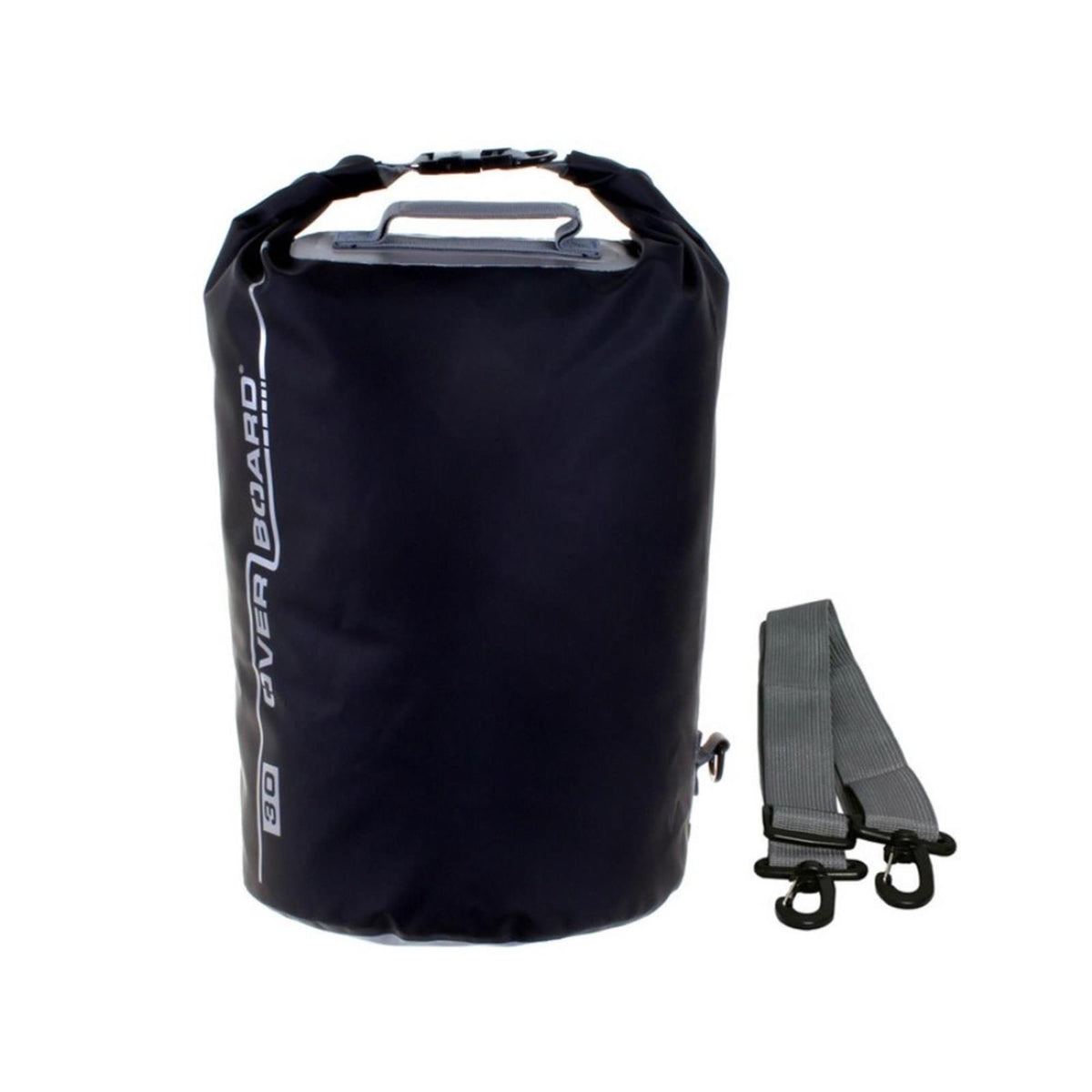 OverBoard wasserdichter Packsack 30L in Schwarz mit Rollverschluss, Tragegriffen und Schultergurt, Frontansicht