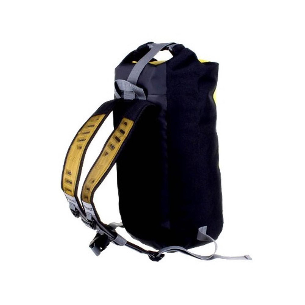 OverBoard wasserdichter Rucksack 20L, dunkelblau, mit gelben Schultergurten, seitliche Ansicht