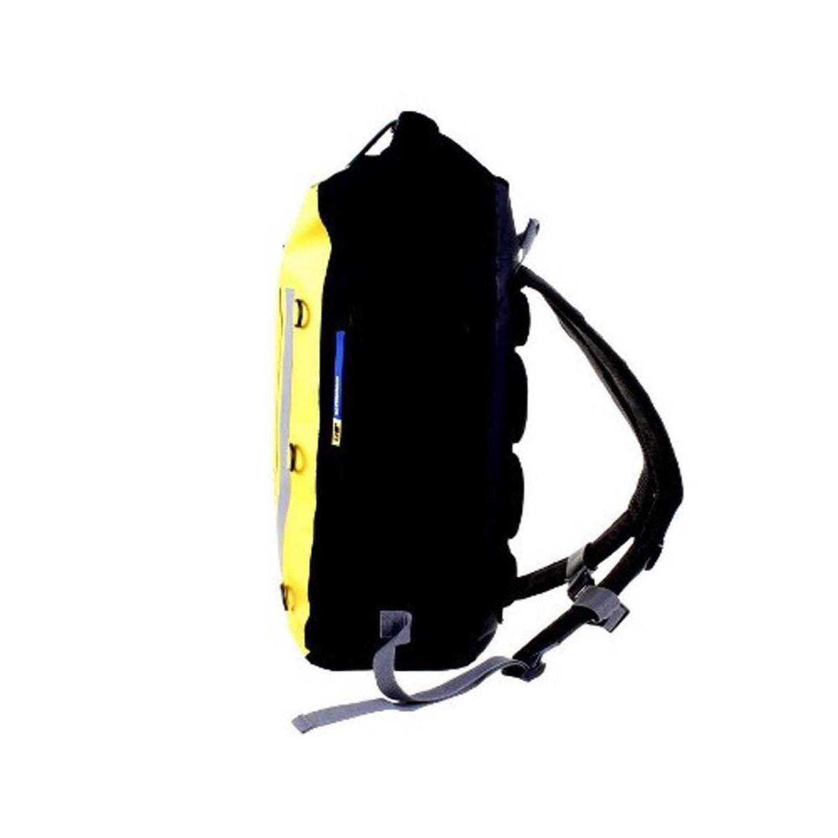 OverBoard wasserdichter Rucksack 20 Liter in Schwarz und Gelb, Seitenansicht mit gepolsterten Schultergurten
