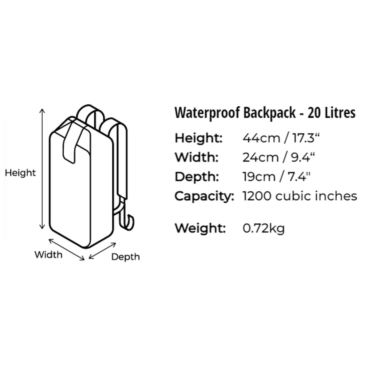OverBoard wasserdichter Rucksack 20 Liter in Schwarz, technische Zeichnung mit Abmessungen und Trägern