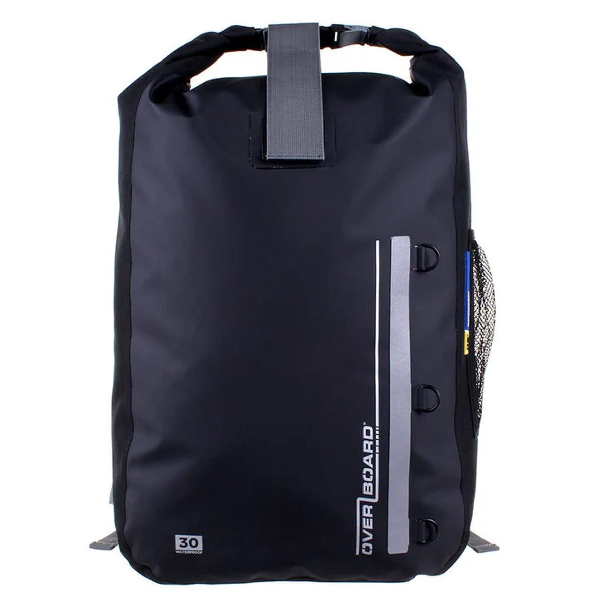 OverBoard wasserdichter Rucksack 30L in Schwarz mit reflektierendem Streifen, Frontalansicht