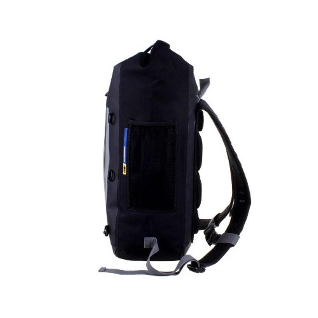 OverBoard wasserdichter Rucksack 30L in Schwarz, Seitenansicht mit geöffneter Tasche und Schultergurten