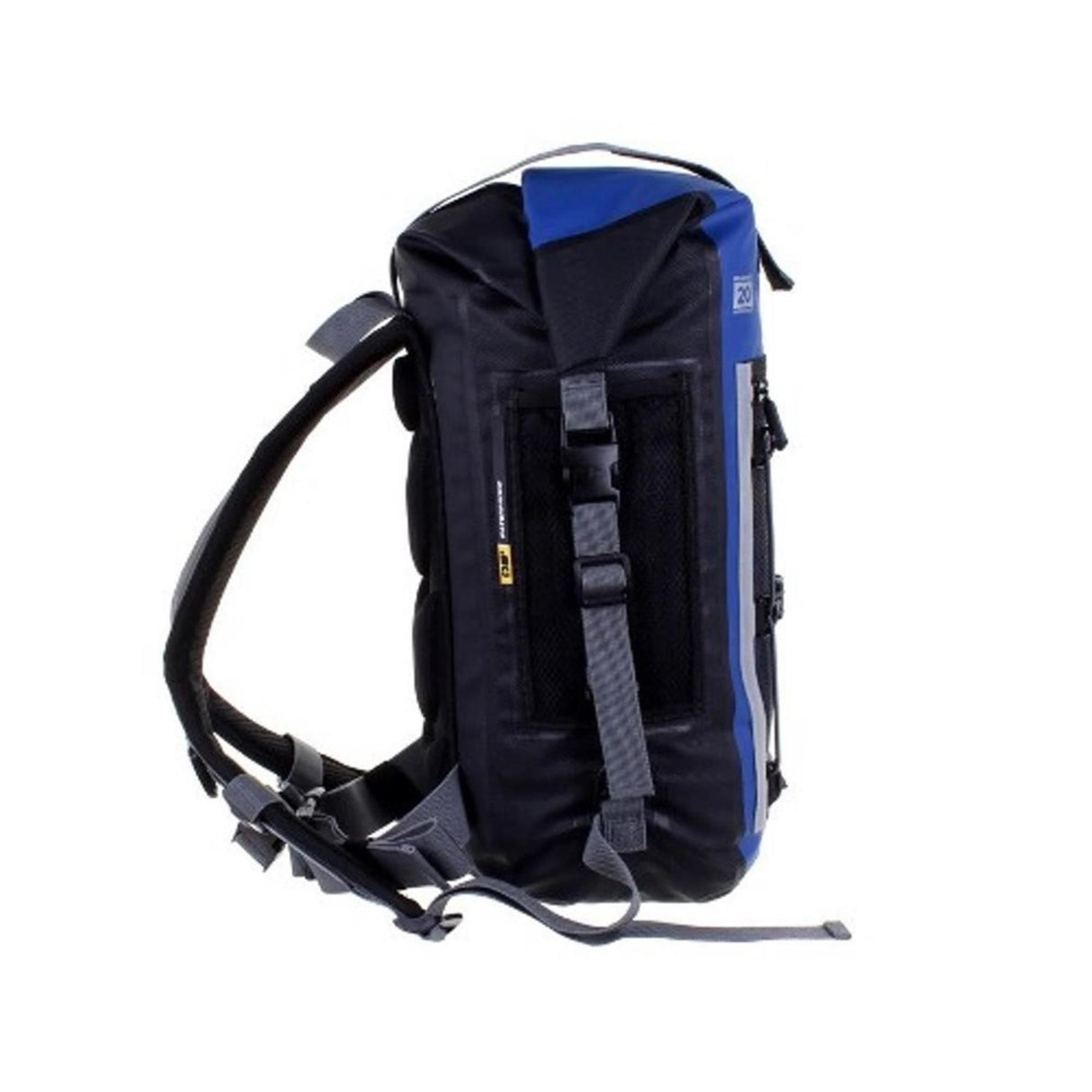 OverBoard wasserdichter Rucksack Pro 20L in Blau-Schwarz, Seitenansicht mit Schultergurten und Tragegriffen