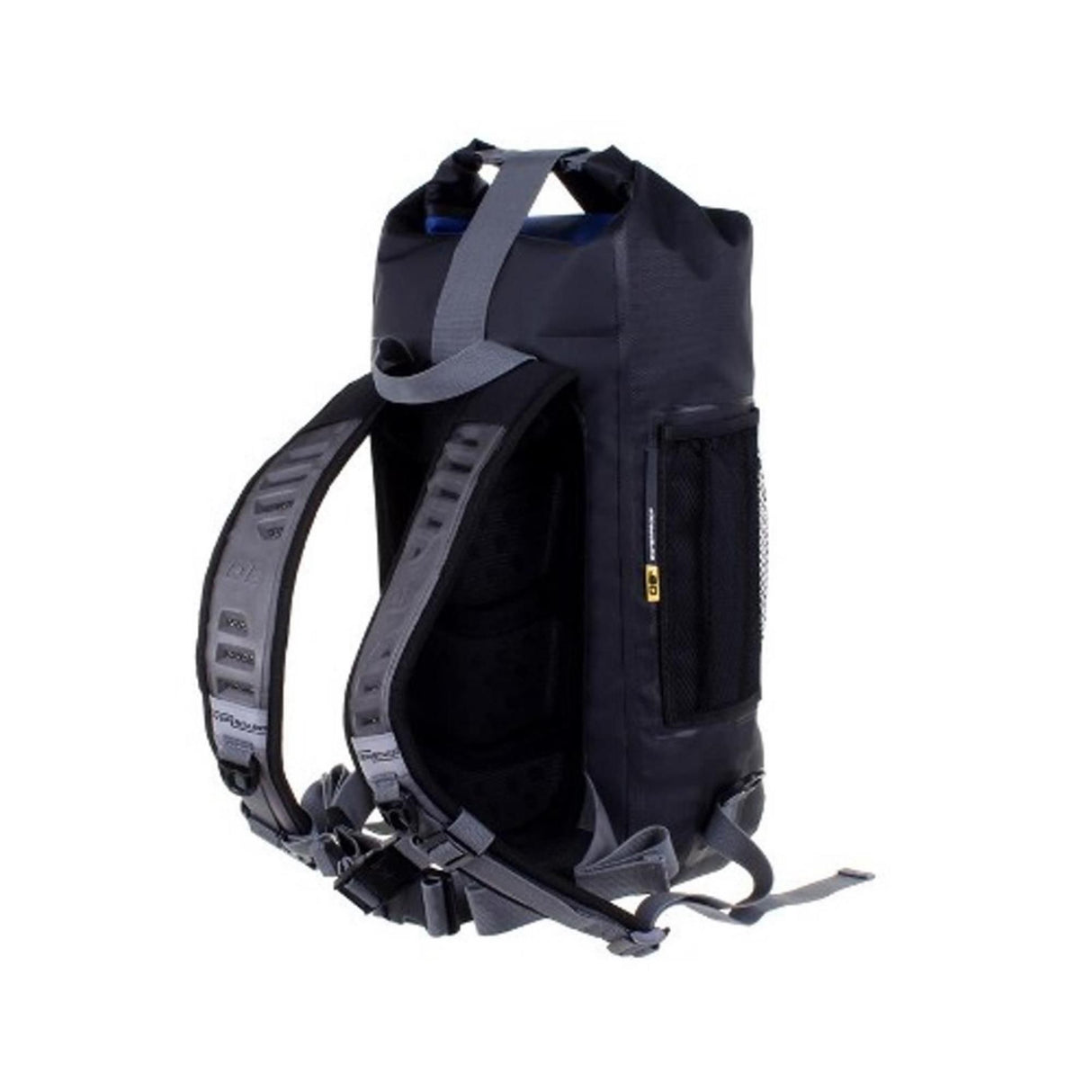 OverBoard Pro 20L wasserdichter Rucksack in Schwarz mit grauen Tragegurten, Seitenansicht