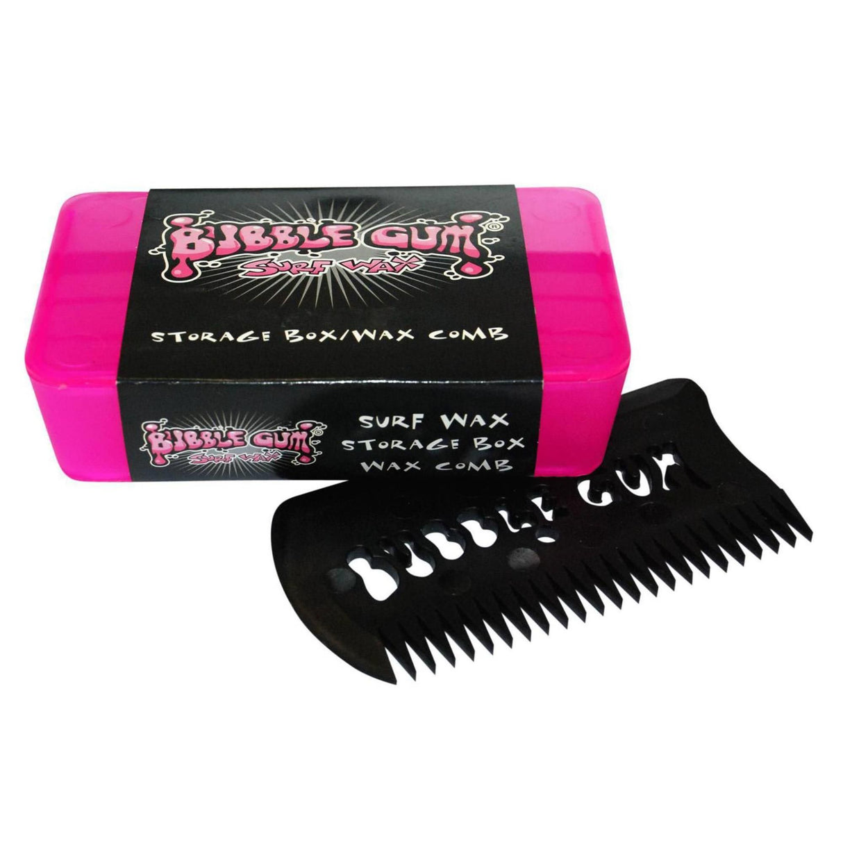 Surf Wax Box BUBBLE GUM pink mit schwarzem Wachskamm, Frontansicht mit Zubehör