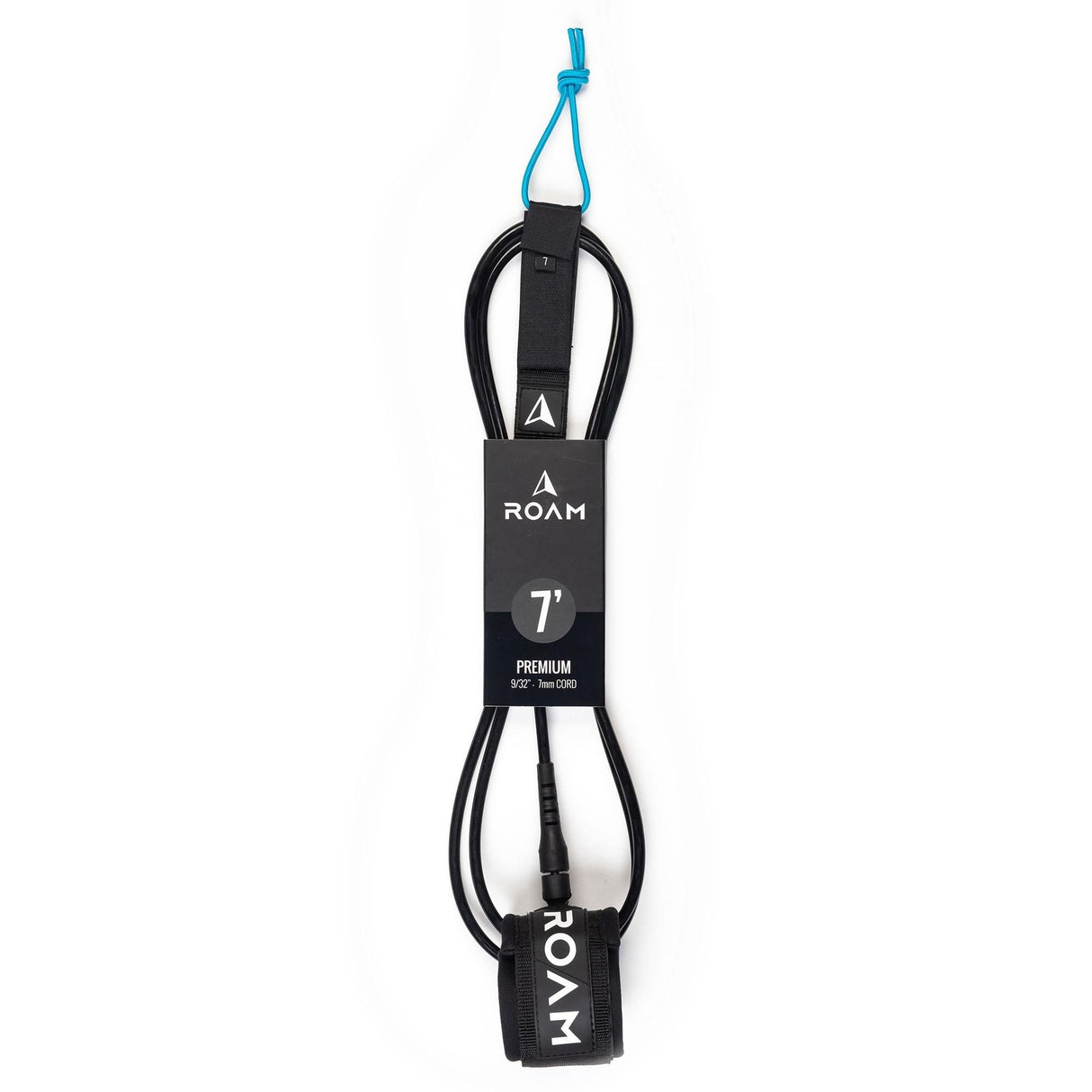 Roam Surfboard Leash Premium in Schwarz mit blauer Schlaufe, Neopren-Material, Frontalansicht des kompletten Leash