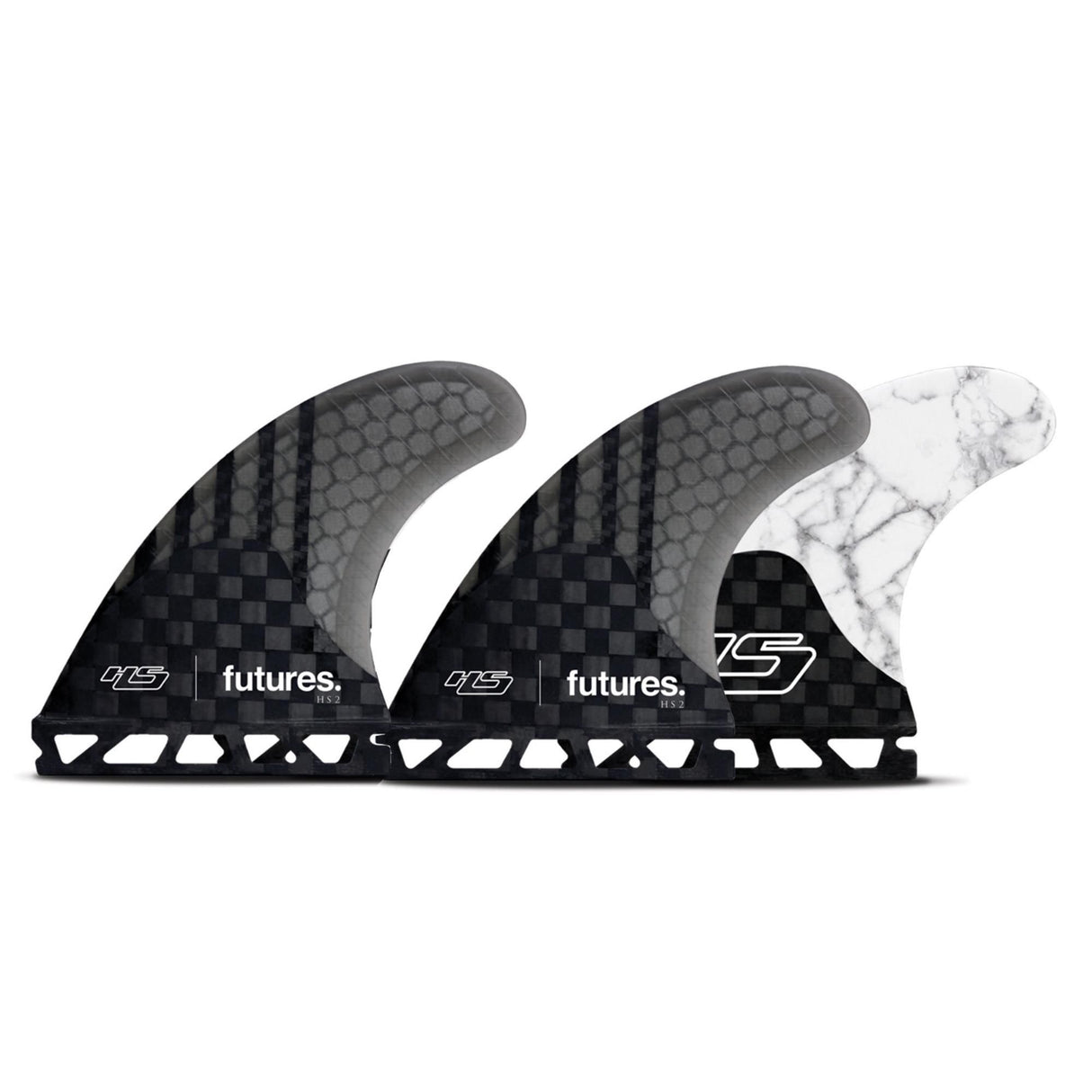 Futures Thruster Fin Set HS2 Hayden Cox Generation, schwarze und weiße Flossen mit Wabenmuster, Seitenansicht