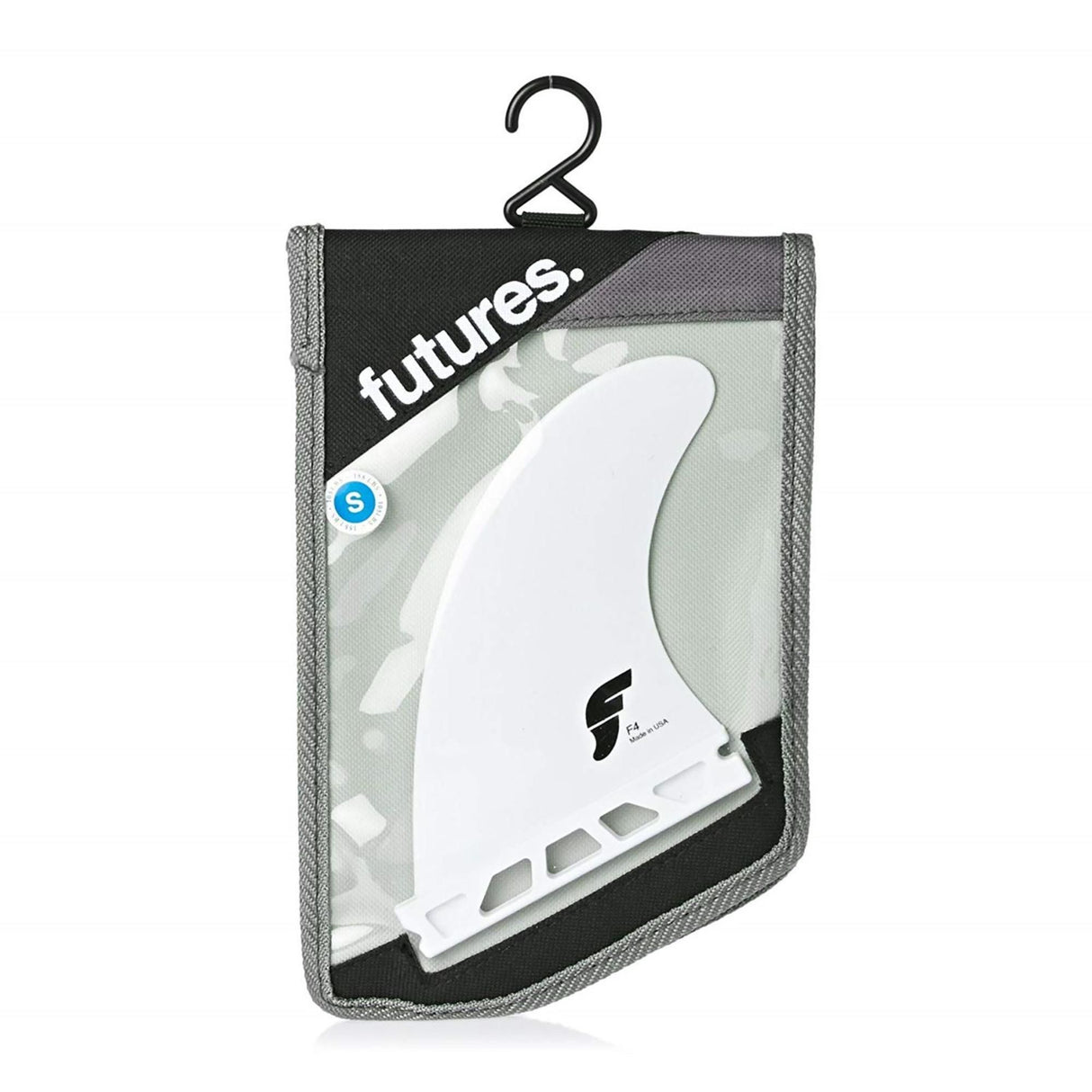 FUTURES Thruster Fin Set F4 Thermotech, weiße Surfflossen in Verpackung, Frontansicht