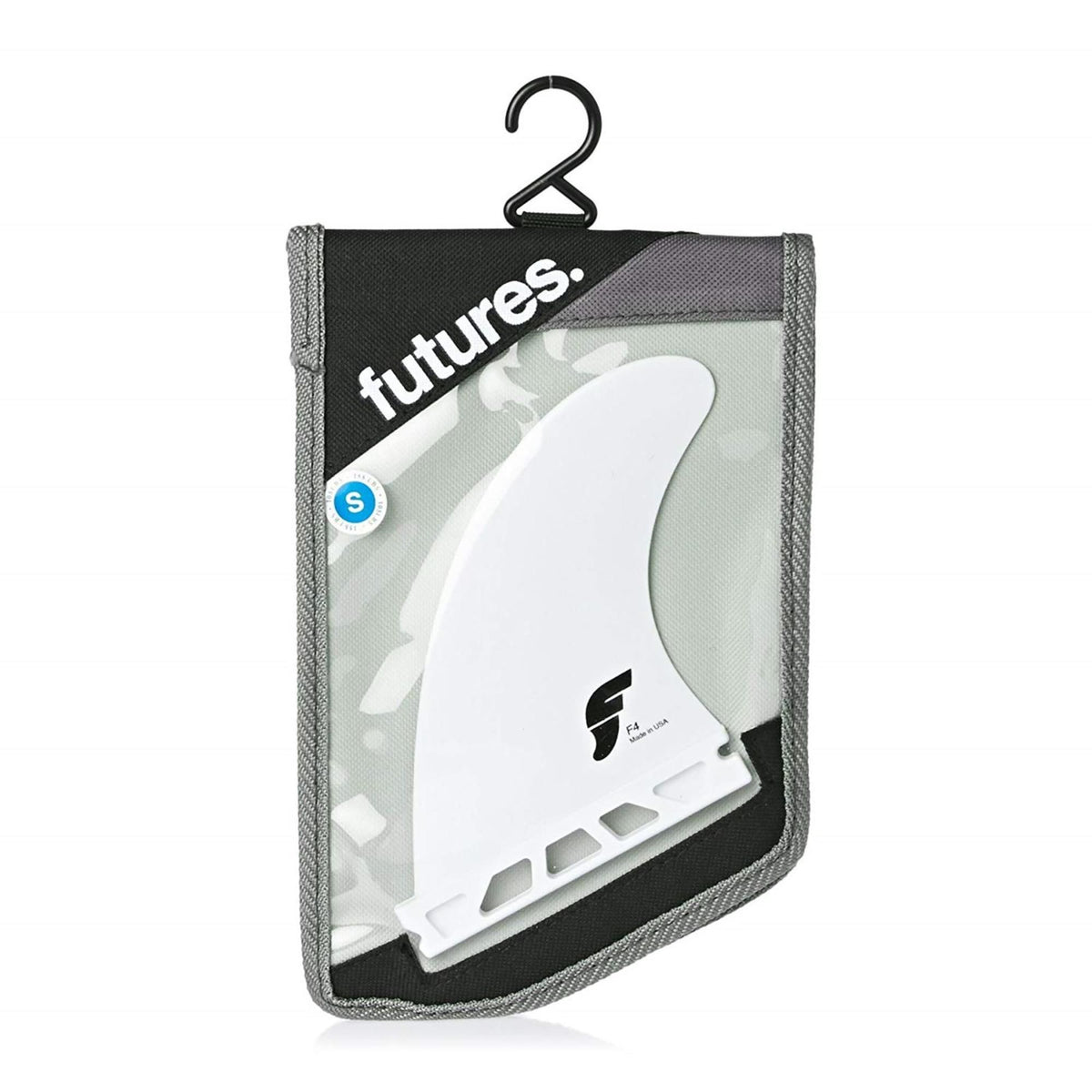 FUTURES Thruster Fin Set F4 Thermotech, weiße Surfflossen in Verpackung, Frontansicht