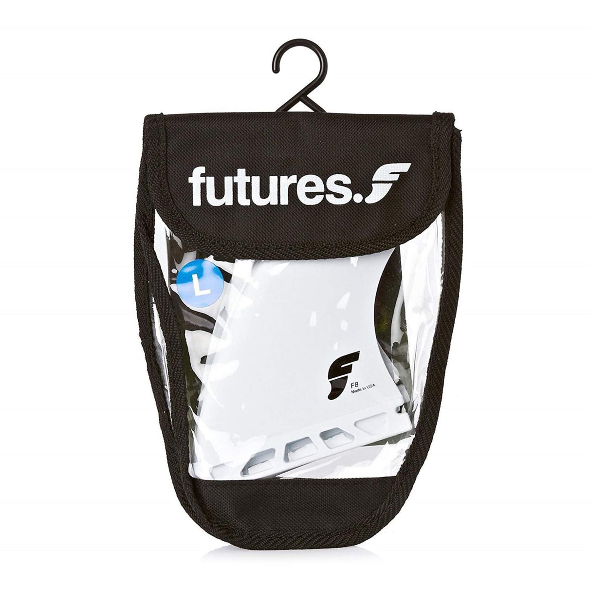 FUTURES Thruster Fin Set F8 Thermotech in schwarzer Verpackung mit transparentem Sichtfenster, Frontalansicht
