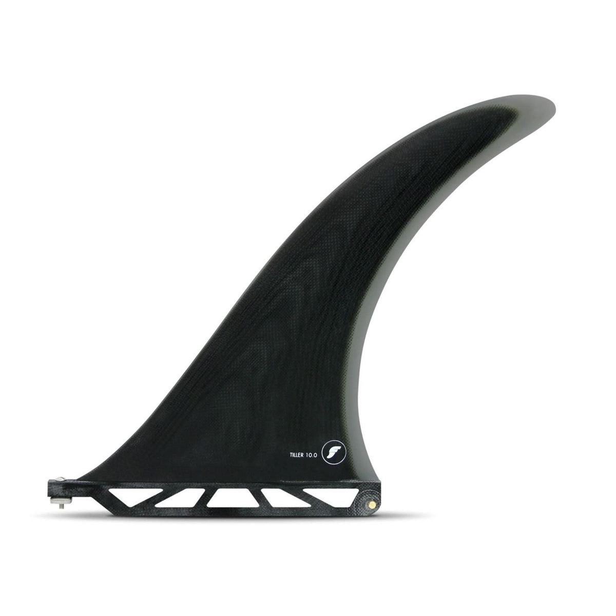 Futures Single Fin Tiller Fiberglass schwarz, gebogene Form, Seitenansicht